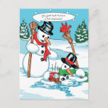 Funny Snowman with Hot Chocolate Cartoon Postcard<br><div class="desc">A startled looking snowman has melted into a puddle because he just had to have a cup of cocoa! This silly cartoon is my original artwork, and I hope it makes you smile! The design is available on dozens of gift and apparel items in my store, Gingerbread Wishes. It would...</div>