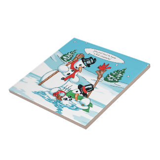 Funny Snowman with Hot Chocolate Cartoon Tile