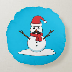 Funny Snowman with Moustache and Carrot Round Pillow