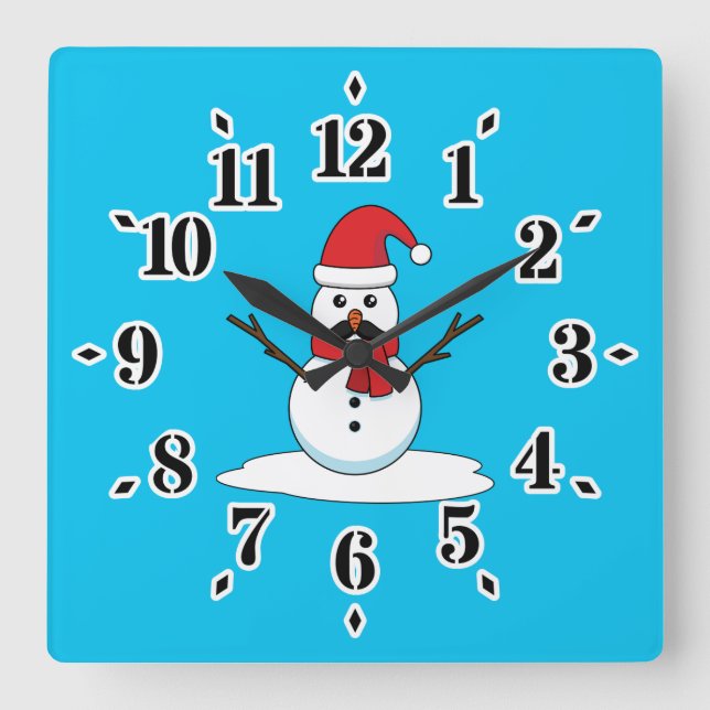 Funny Snowman with Moustache and Carrot Square Wall Clock (Front)