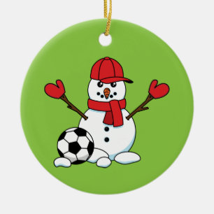 Funny Snowman with Soccer Ball Ceramic Ornament