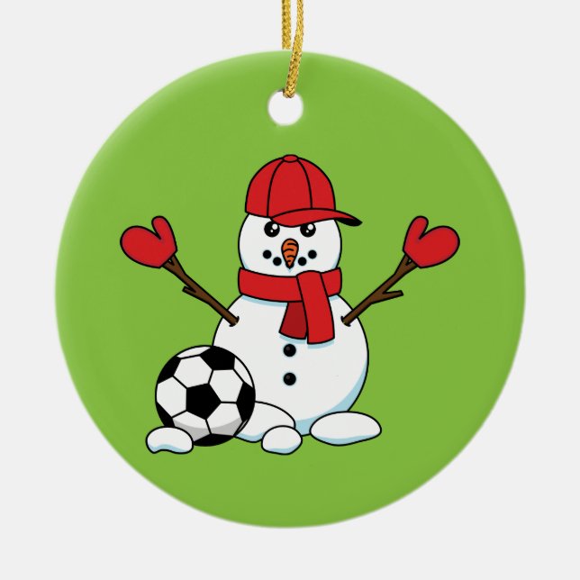 Funny Snowman with Soccer Ball Ceramic Ornament (Front)