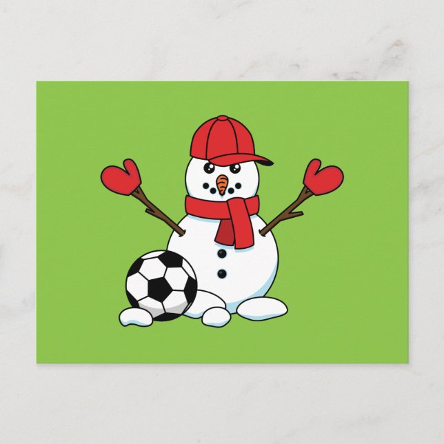 Funny Snowman with Soccer Ball Holiday Postcard (Front)