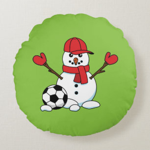 Funny Snowman with Soccer Ball Round Pillow