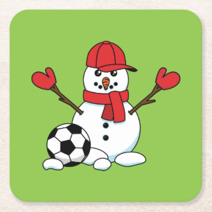 Funny Snowman with Soccer Ball Square Paper Coaster