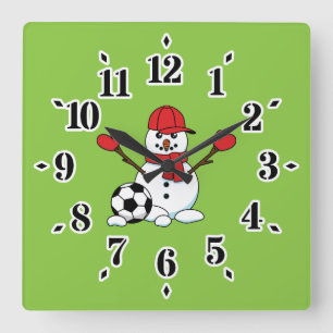 Funny Snowman with Soccer Ball Square Wall Clock