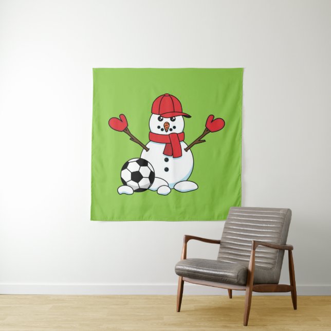 Funny Snowman with Soccer Ball Tapestry (In Situ)