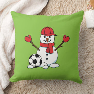 Funny Snowman with Soccer Ball Throw Pillow