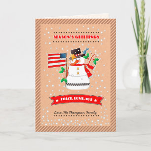Funny Snowman with U.S. Flag. Christmas Holiday Card