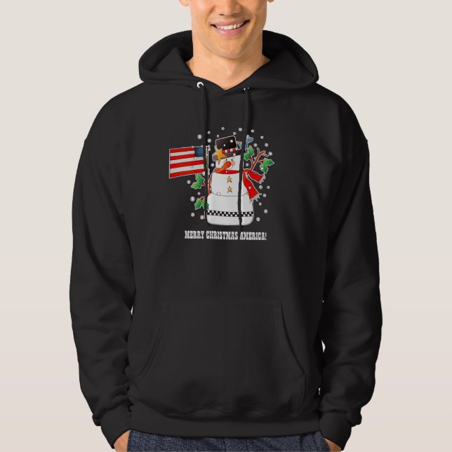Funny Snowman with US flag Christmas Hoodie (Front)