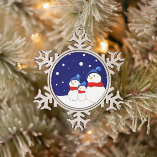 Funny snowmans family snowflake pewter christmas ornament
