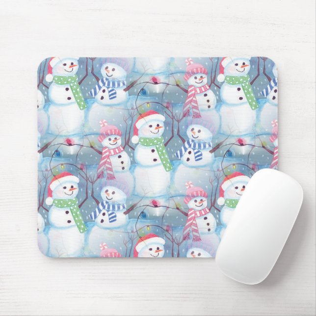 Funny Snowmen Christmas Tree String Lights Pattern Mouse Pad (With Mouse)