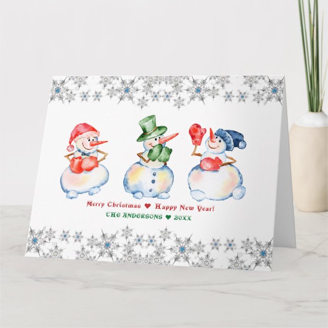 Funny Snowmen Merry Christmas Crystals Snowflakes Card (Front)
