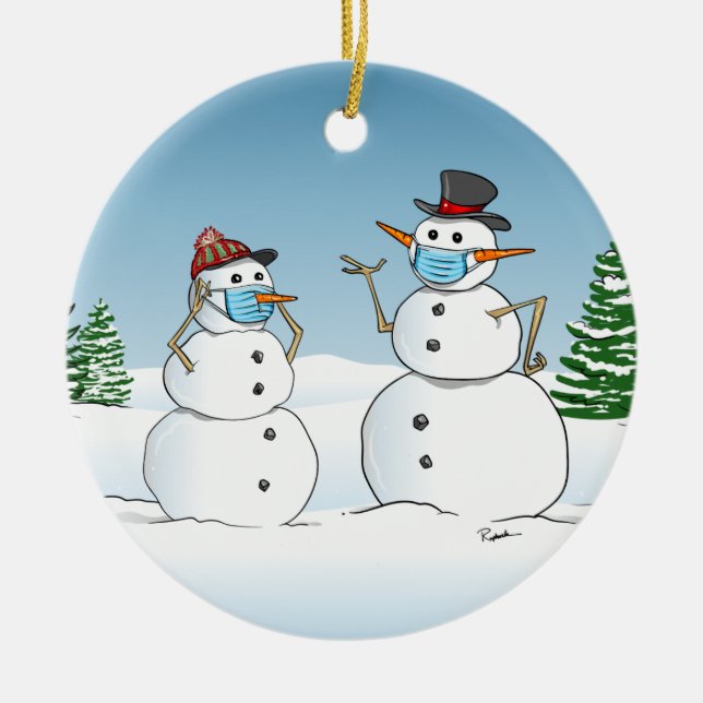 Funny Snowmen Wearing Face Masks Christmas Ceramic Ornament (Front)