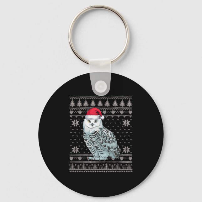 Funny Snowy Owl Ugly Christmas Sweater Santa Xmas  Keychain (Front)