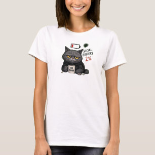 Funny Social Battery 2% Grumpy Cat Drinking Coffee T-Shirt