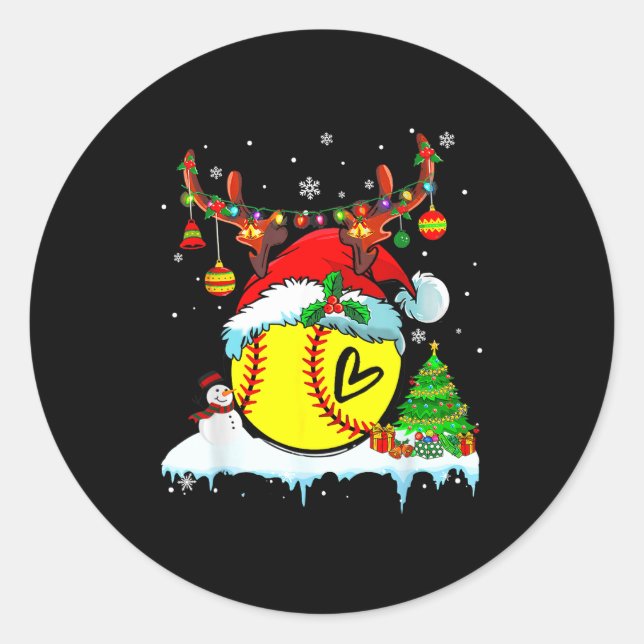 Funny Softball Christmas Reindeer Santa Hat Lights Classic Round Sticker (Front)