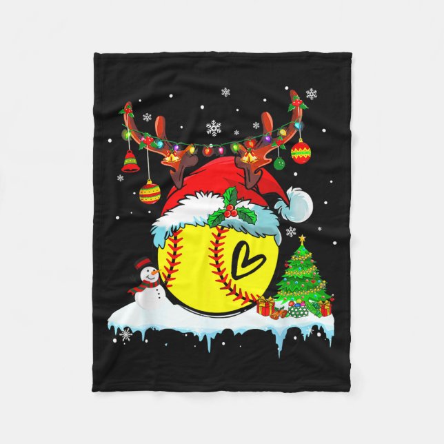 Funny Softball Christmas Reindeer Santa Hat Lights Fleece Blanket (Front)