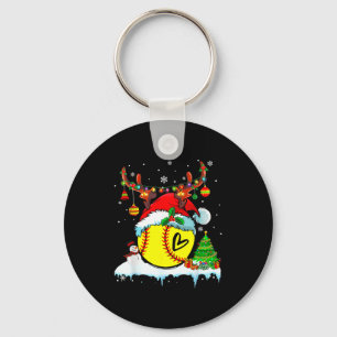 Funny Softball Christmas Reindeer Santa Hat Lights Keychain