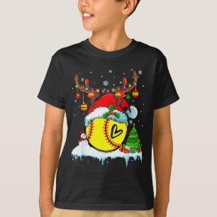 Funny Softball Christmas Reindeer Santa Hat Lights T-Shirt