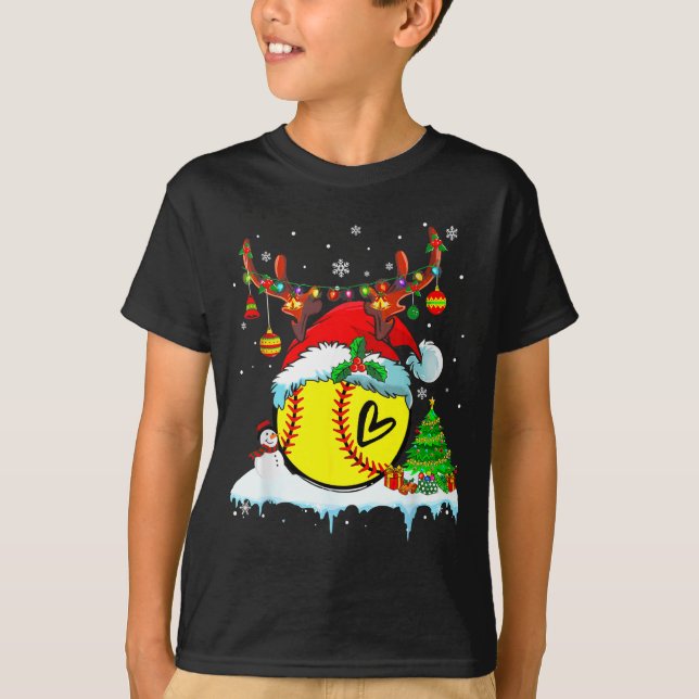 Funny Softball Christmas Reindeer Santa Hat Lights T-Shirt (Front)