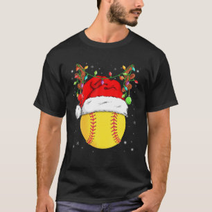 Funny Softball Reindeer Santa Hat Christmas Lights T-Shirt