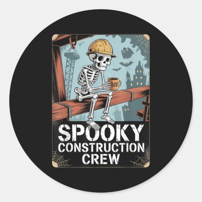 Funny Soky Skeleton Workers Halloween Construction Classic Round Sticker (Front)