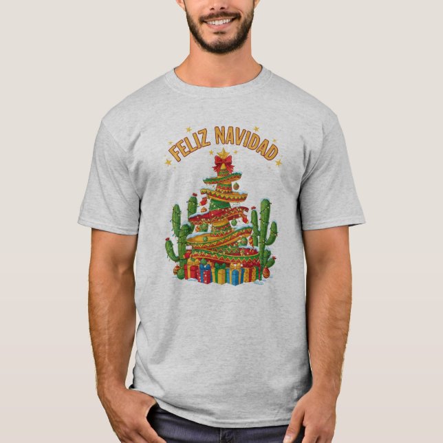 Funny Sombrero Stack Christmas Tree Feliz Navidad T-Shirt (Front)