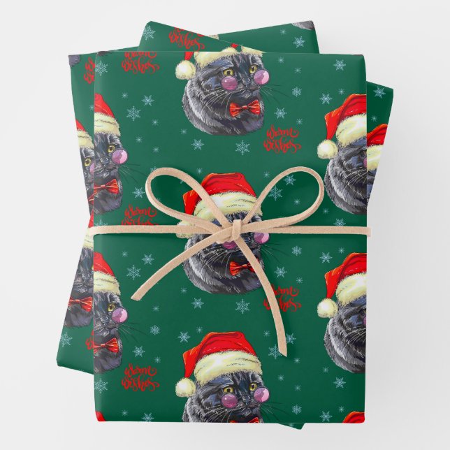 Funny Sophisticated Santa Hat Cat Wrapping Paper Sheet (In situ)