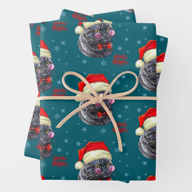 Funny Sophisticated Santa Hat Cat Wrapping Paper Sheet (In situ)