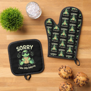 Funny Sorry I’m Late Turtle with Retro Aesthetic Oven Mitt & Pot Holder Set
