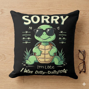 Funny Sorry I’m Late Turtle with Retro Aesthetic Throw Pillow