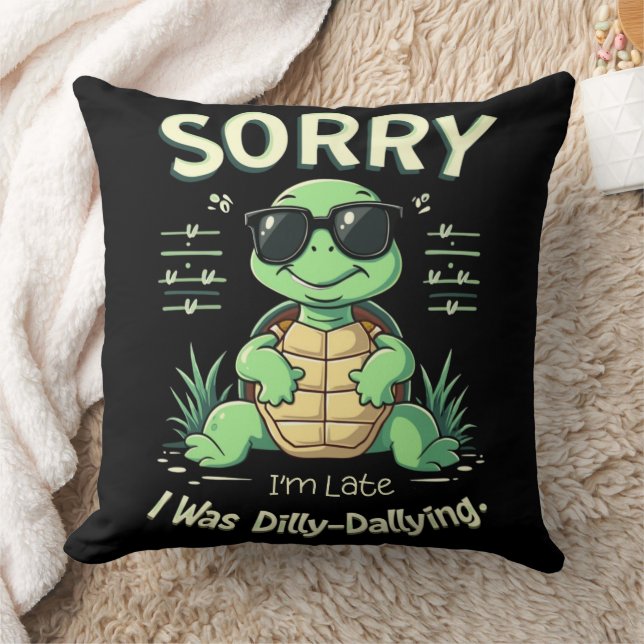 Funny Sorry I’m Late Turtle with Retro Aesthetic Throw Pillow (Blanket)