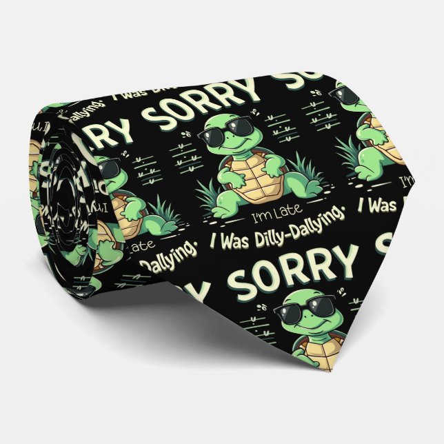 Funny Sorry I’m Late Turtle with Retro Aesthetic Tie (Rolled)