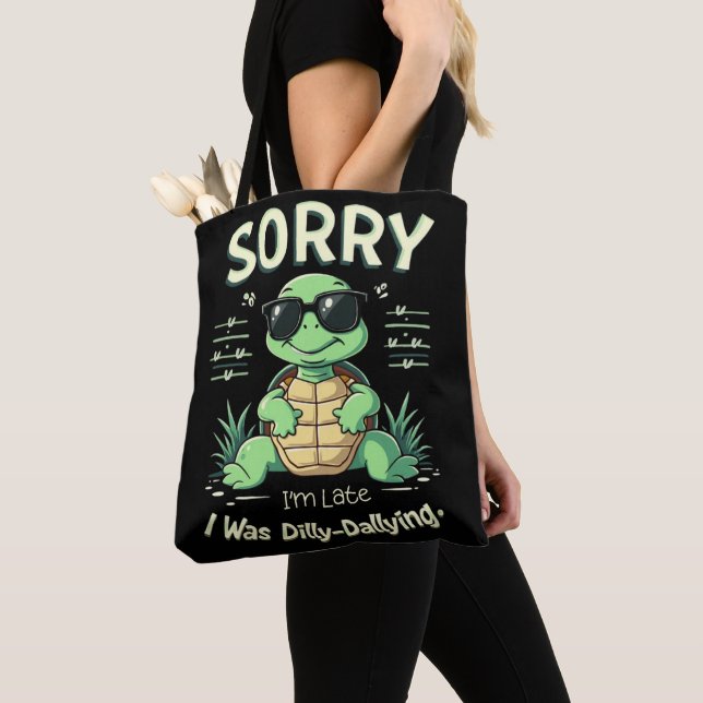 Funny Sorry I’m Late Turtle with Retro Aesthetic Tote Bag (Close Up)