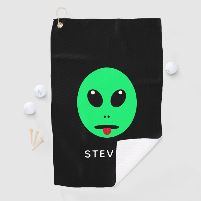 Funny Space Alien Head Black Green Personalized Golf Towel (InSitu)