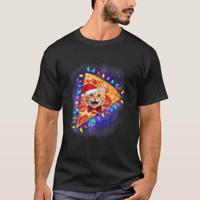 Funny Space Cat In A Pizza Galaxy Kitten Santa Hat T-Shirt (Front)