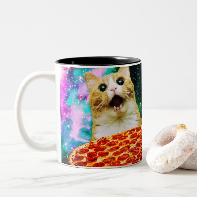 Funny space pizza cat Two-Tone coffee mug (With Donut)