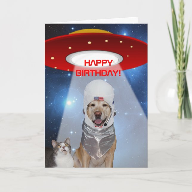 Funny Space Theme, Dog & Cat Birthday Card (Front)