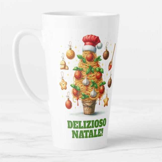 Funny Spaghetti Christmas Tree Delizioso Natale! Latte Mug (Left)