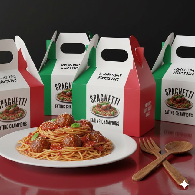 Funny Spaghetti Eating Champions Family Reunion Favor Box (Funny Spaghetti Eating Champions Italian Family Reunion Gable Style Favor Boxes Cover Photo)