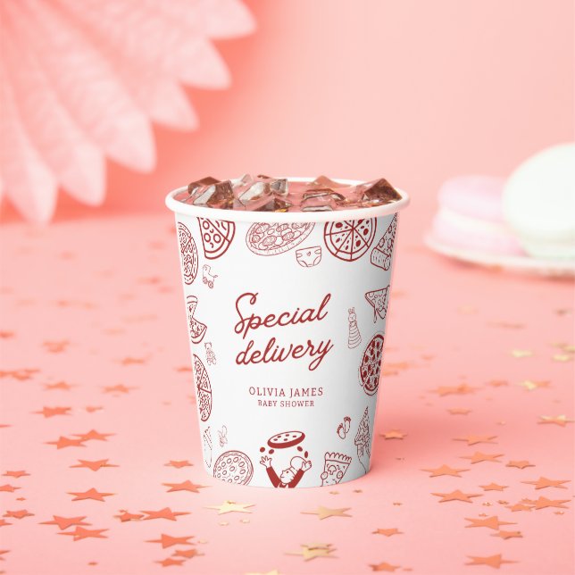 Funny special delivery pizza baby shower paper cups (Insitu)