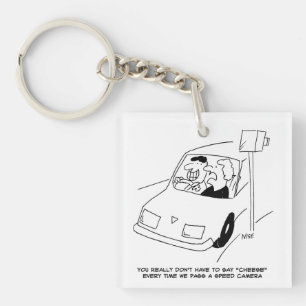 Funny Speed Camera Cartoon Shows Man Driving Keychain