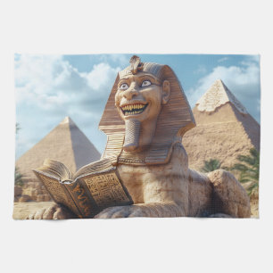 Funny Sphinx Statue Reading Ancient Book in Egypt Kitchen Towel