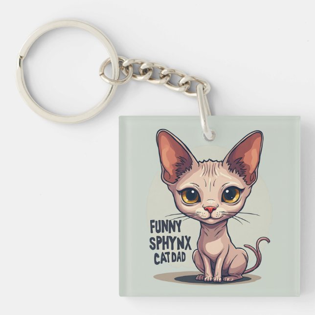 Funny Sphynx Cat Dad Cartoon Art Keychain (Front)