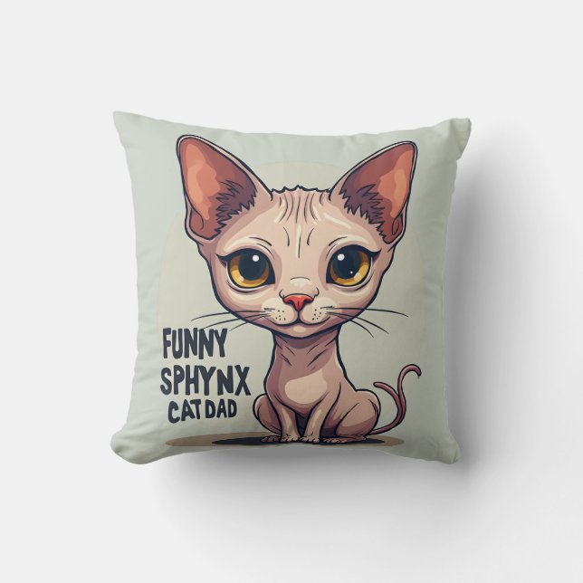 Funny Sphynx Cat Dad Cartoon Art Throw Pillow (Front)