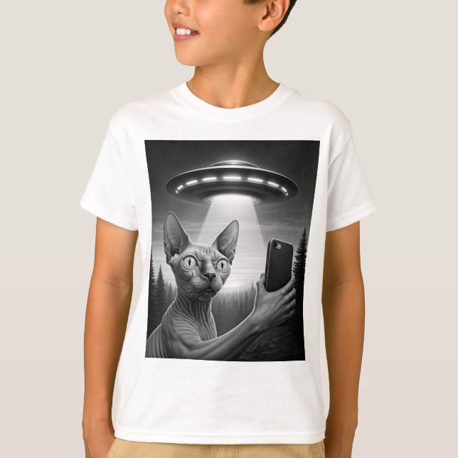 Funny Sphynx Cat Selfie Ufo Alien Area51 Boy's  T-Shirt (Front)