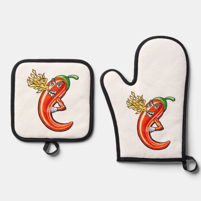 Funny Spicy Chili On Fire Oven Mitt & Pot Holder Set (Front)
