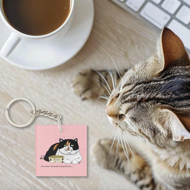 Funny Spoiled Calico Feed Cat Pink Keychain (Creator Uploaded)