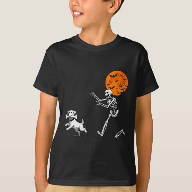 Funny Spooky Humour Halloween Skeleton Chasing Dog T-Shirt (Front)
